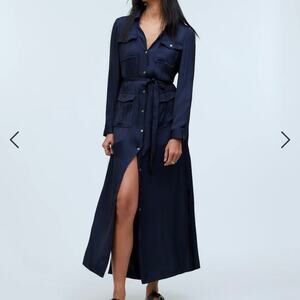Madewell Shirtdress Womens Small Navy Blue Button Front Satin Utility